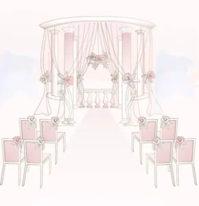 elegant pastel wedding aisle animation with floral chairs and arch