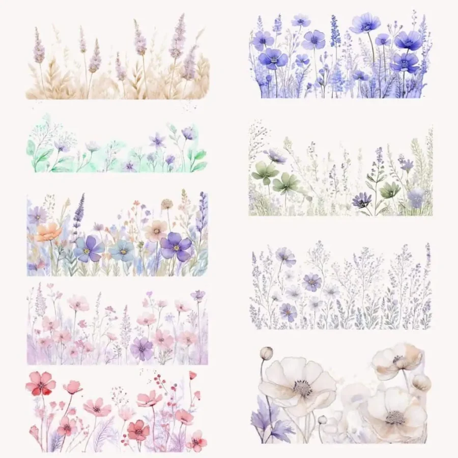 A collection of pastel watercolor floral border illustrations in various colors and styles, perfect for digital design and invitations