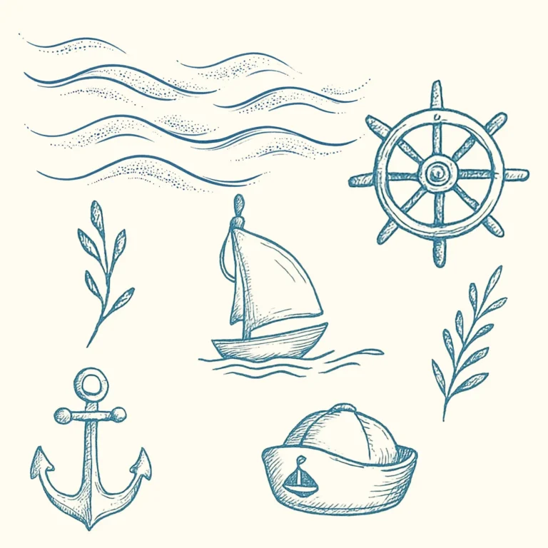 A collection of hand-drawn vintage marine doodles including a sailboat, anchor, ship wheel, and waves in navy blue on a beige background.