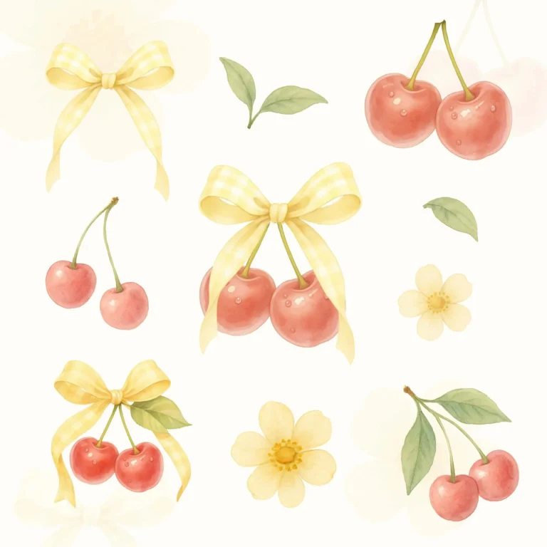 Watercolor cherry illustrations with yellow bows and flowers, isolated on white background