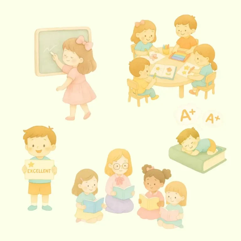 Watercolor illustrations of school kids engaged in classroom activities like reading, coloring, and writing. Soft pastel style, perfect for educational projects and back-to-school themes.