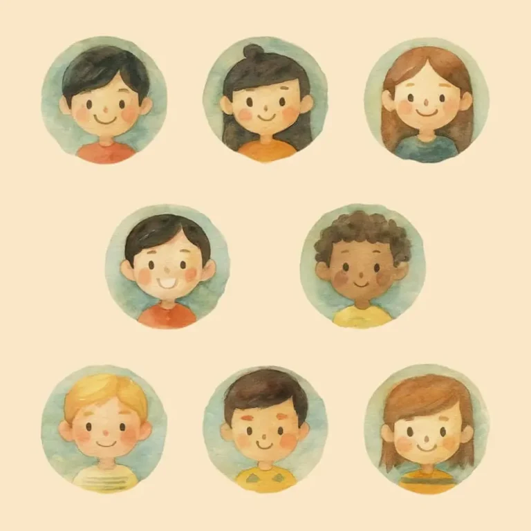 Watercolor illustration of diverse kids' avatar faces in circular frames, featuring smiling boys and girls with different hairstyles and skin tones. Perfect for school-themed designs or educational content.