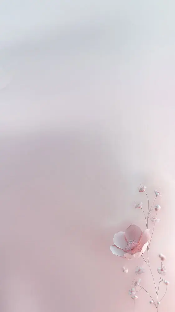 Soft blush pink gradient background with delicate 3D floral arrangement on the bottom right corner