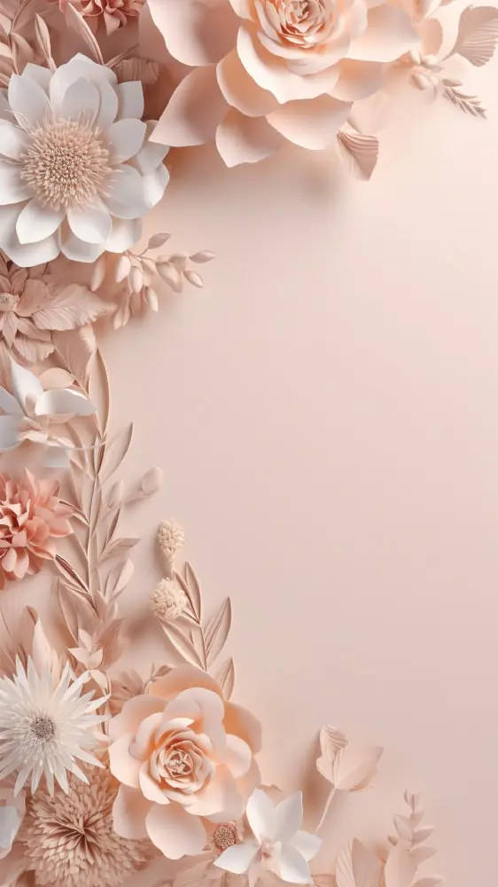 Vertical 3D floral frame in soft blush tones with elegant paper flower details, perfect for invitation backgrounds or romantic designs.
