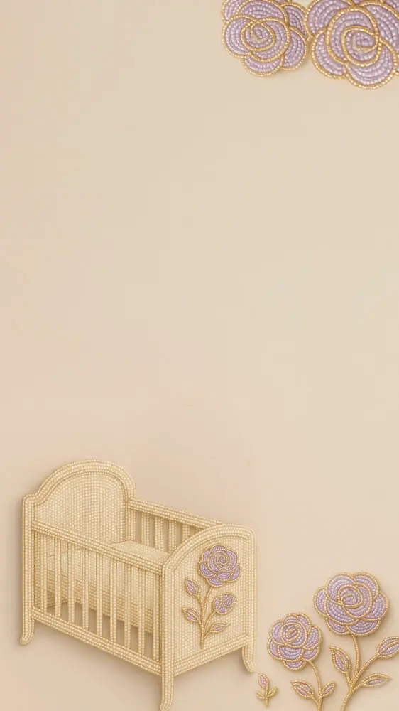 Elegant baby crib and lavender beaded flowers on a soft beige background, decorative and luxurious design style