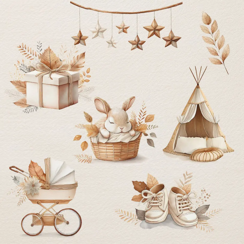 A set of watercolor baby-themed cliparts in boho style, including toys, shoes, stroller, tent, bunny, and stars in warm neutral tones on transparent backgrounds.