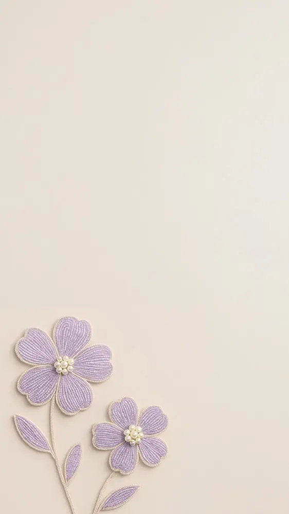 Violet beaded flowers with pearls on ivory background, elegant embroidery style