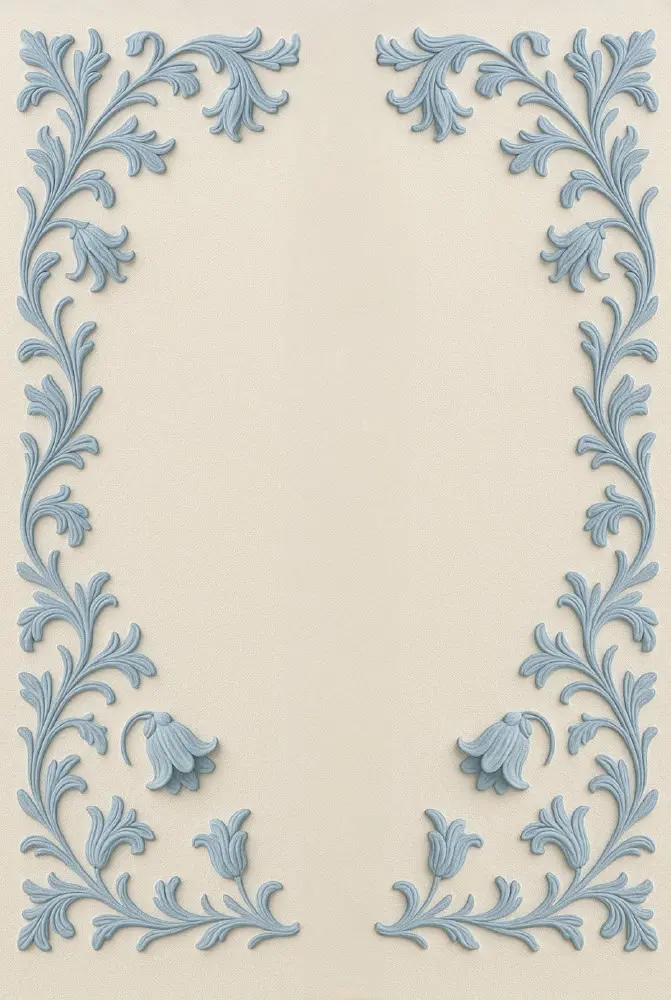 Blue embossed floral frame on ivory background with classic design