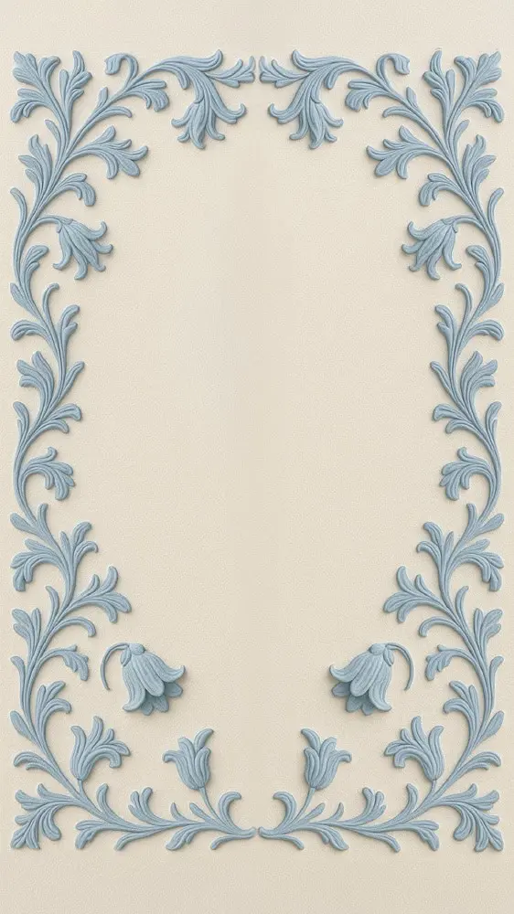 Blue embossed floral frame on ivory background with classic design