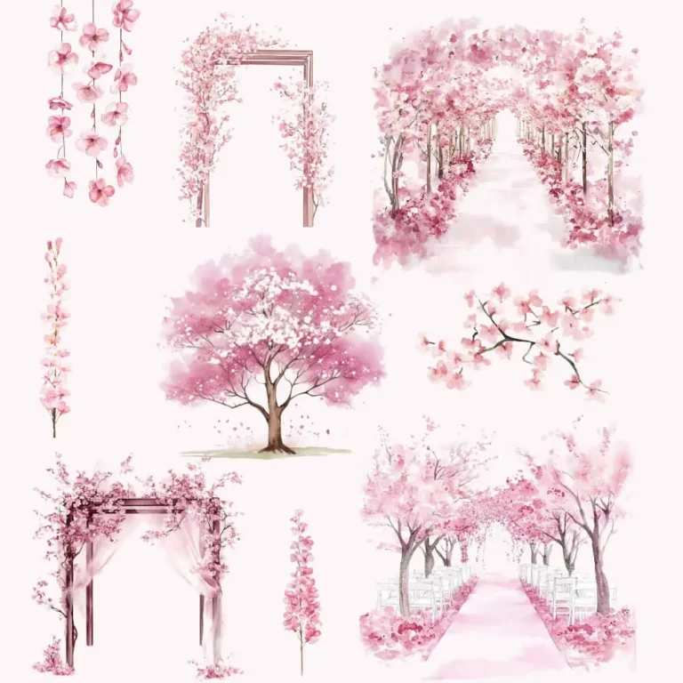 Watercolor cherry blossom PNG elements including pink floral arches, branches, and sakura trees, isolated on white background.