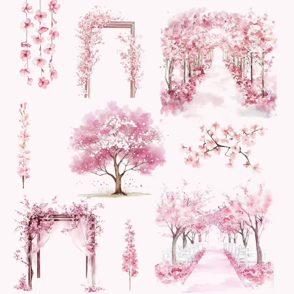 Watercolor cherry blossom PNG elements including pink floral arches, branches, and sakura trees, isolated on white background.