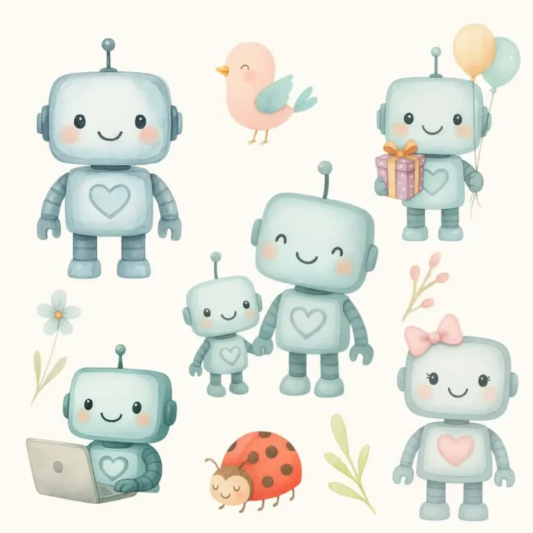 Watercolor robot clipart set with cute pastel colors and various poses and props