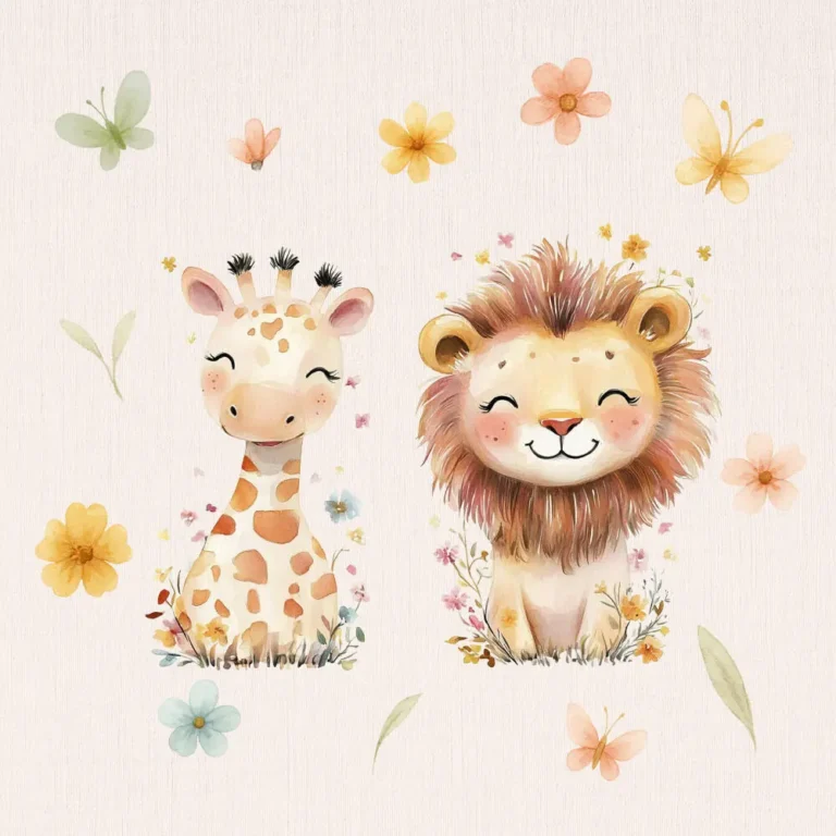 Cute watercolor illustration of a smiling lion and giraffe with pastel flowers and butterflies on a light background