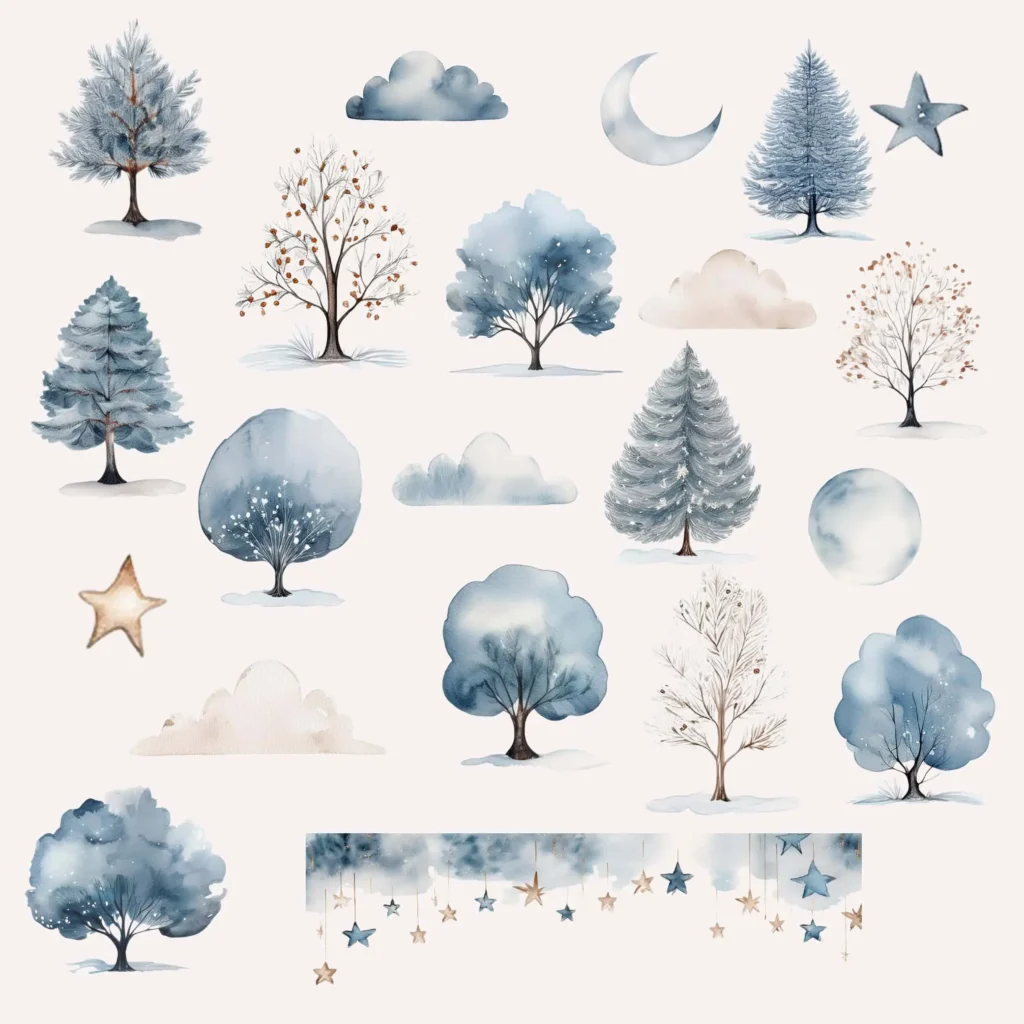 Winter watercolor clipart set with blue trees, snow-covered branches, clouds, moon, and stars — elegant frosty forest PNG collection.
