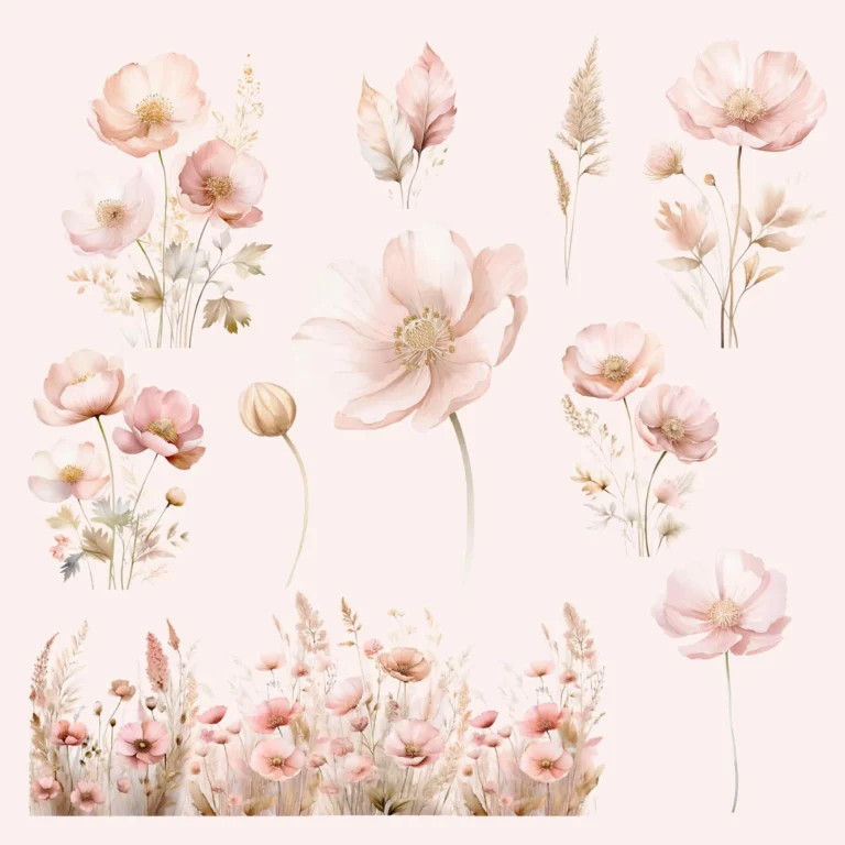 Soft dusty pink watercolor flowers PNG set with delicate petals and leaves