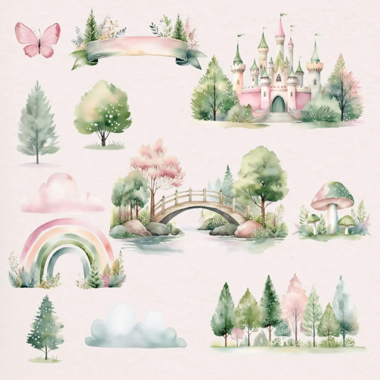 Watercolor fantasy forest elements with pastel trees and a castle